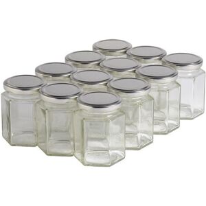 Apiculture.net - Matériel apicole français 12 pots verre hexagonaux 250g (196 ml) avec couvercles TO 58 - Argenté69 mm