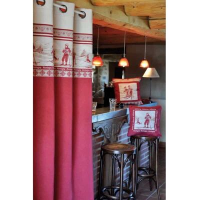 STOF Rideau rouge et gris motif Skieur et Montagne - - Publicité STOF Rideau rouge et gris motif Skieur et Montagne - - Publicité