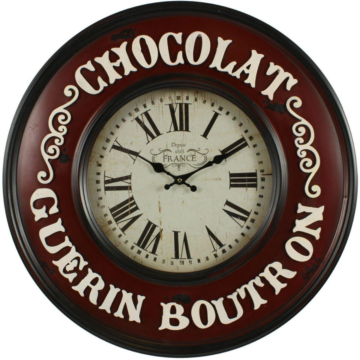 Décoration d'Autrefois Horloge Ancienne Murale Chocolat Guerin-Boutron 59cm - Fer - Rouge-Bordeaux Décoration d'Autrefois Horloge Ancienne Murale Chocolat Guerin-Boutron 59cm - Fer - Rouge-Bordeaux