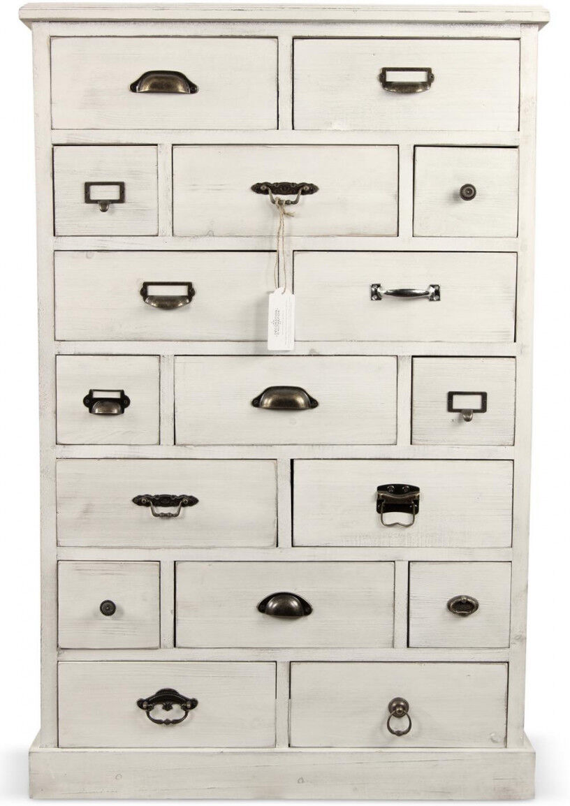 Décoration d'Autrefois Meuble Semainier Chiffonnier Grainetier Bois Cerusé Blanc 17 Tiroirs 75.5x34x116cm Décoration d'Autrefois Meuble Semainier Chiffonnier Grainetier Bois Cerusé Blanc 17 Tiroirs 75.5x34x116cm