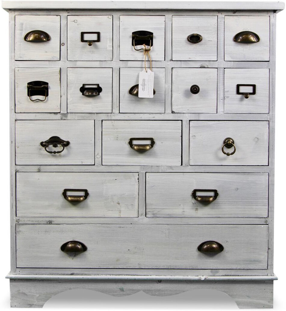 Décoration d'Autrefois Meuble Semainier Chiffonnier Grainetier Bois Cerusé Blanc 16 Tiroirs 86x33x95.5cm Décoration d'Autrefois Meuble Semainier Chiffonnier Grainetier Bois Cerusé Blanc 16 Tiroirs 86x33x95.5cm