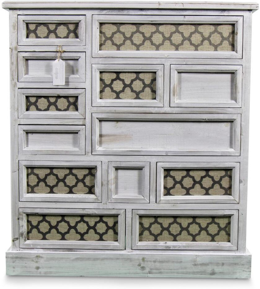 Décoration d'Autrefois Meuble Semainier Chiffonnier Grainetier Bois Cerusé Blanc 13 Tiroirs Nu 87x32x96.5cm Décoration d'Autrefois Meuble Semainier Chiffonnier Grainetier Bois Cerusé Blanc 13 Tiroirs Nu 87x32x96.5cm