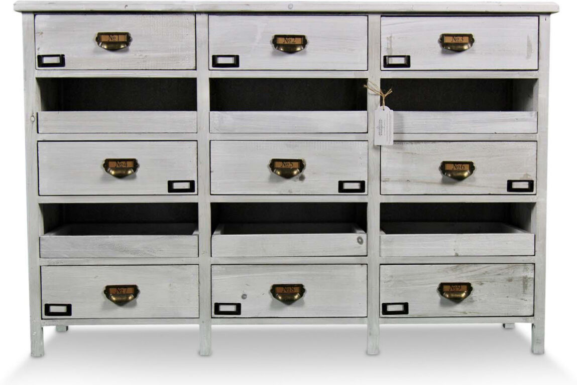 Décoration d'Autrefois Meuble Semainier Chiffonnier Grainetier Bois Cerusé Blanc 12 Tiroirs 124x32.5x82cm Décoration d'Autrefois Meuble Semainier Chiffonnier Grainetier Bois Cerusé Blanc 12 Tiroirs 124x32.5x82cm