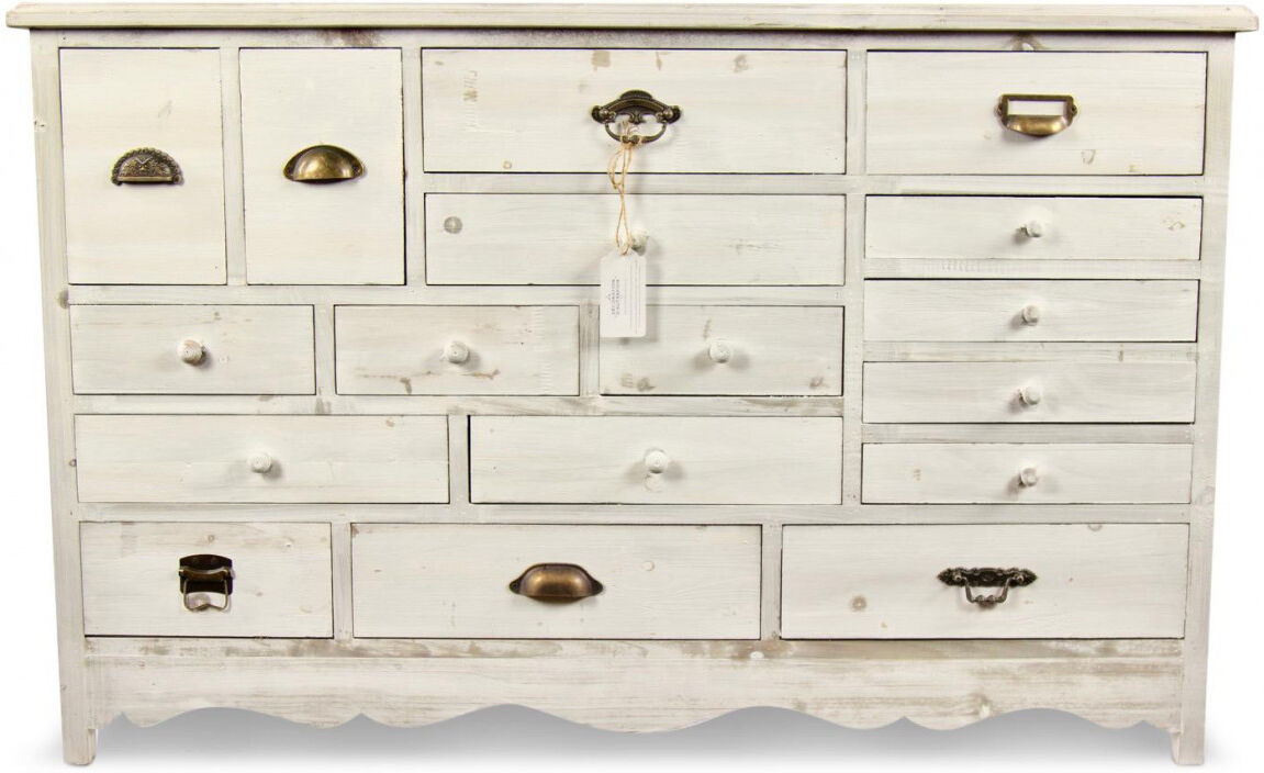 Décoration d'Autrefois Meuble Semainier Chiffonnier Grainetier Bois Cerusé Blanc 17 Tiroirs 124x32.5x78.5cm Décoration d'Autrefois Meuble Semainier Chiffonnier Grainetier Bois Cerusé Blanc 17 Tiroirs 124x32.5x78.5cm