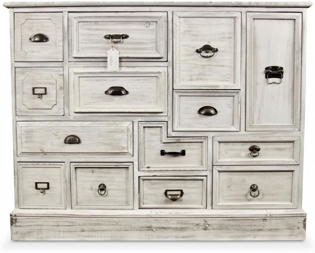 Décoration d'Autrefois Meuble Semainier Chiffonnier Grainetier Bois 14 Tiroirs Cerusé Blanc 125x40x99cm