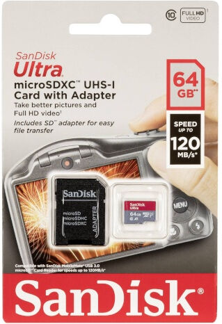 SanDisk Carte Micro SDXC Ultra 64GB (120MB/s) A1 (Class10)+Adapt SanDisk Carte Micro SDXC Ultra 64GB (120MB/s) A1 (Class10)+Adapt