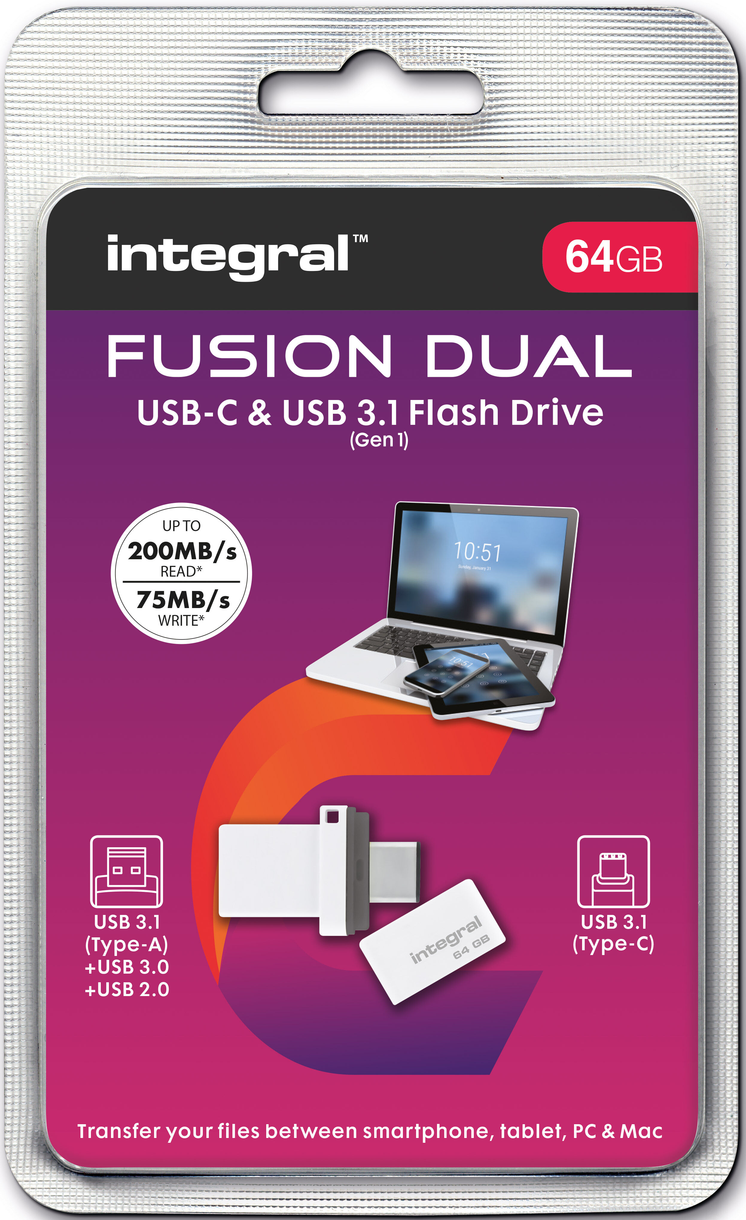 INTEGRAL Clé USB-C + USB 3.1 Fusion Dual 64GB INTEGRAL Clé USB-C + USB 3.1 Fusion Dual 64GB