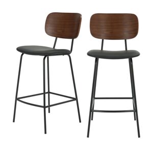 Drawer Jens - Lot de 2 chaises de bar en bois foncé, simili et métal H66cm - Couleur - Noir