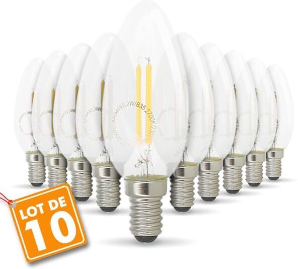 Eclairage Design Lot de 10 ampoules LED filament E14 2.2W 250 Lumens (Température de Couleur : Blanc chaud 2700K) Eclairage Design Lot de 10 ampoules LED filament E14 2.2W 250 Lumens (Température de Couleur : Blanc chaud 2700K)