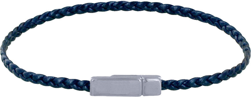 LES POULETTES BIJOUX Bracelet Femme Tresse Plate en Cuir Brillant Femoir Aimanté Métal Argenté - Bleu Nuit