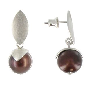 LES POULETTES BIJOUX Boucles d'Oreilles Argent Rhodié Feuilles Perle de Culture - Classics - Marron foncé