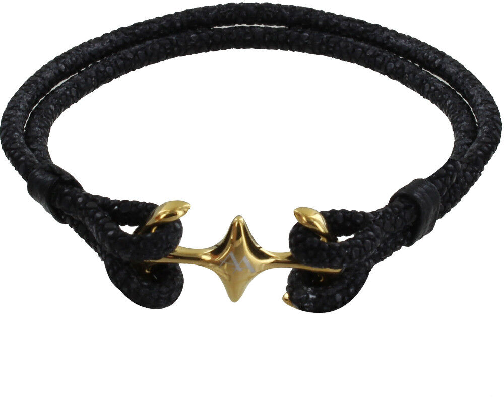 Les Poulettes Bijoux Bracelet Mixte Rhodium Plaqué Or Double Ancre et Cuir - 18cm Classics - Noir Les Poulettes Bijoux Bracelet Mixte Rhodium Plaqué Or Double Ancre et Cuir - 18cm Classics - Noir