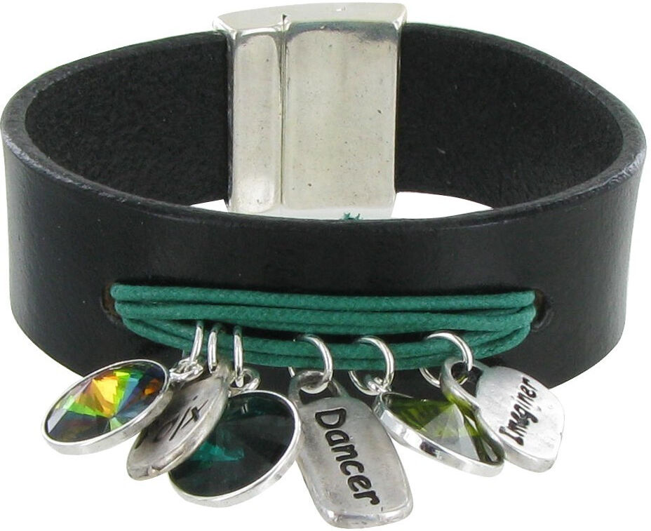 Les Poulettes Bijoux Bracelet Cuir Noir Swarovski Multi Breloques et Coton - Colors - Vert Les Poulettes Bijoux Bracelet Cuir Noir Swarovski Multi Breloques et Coton - Colors - Vert