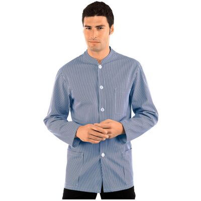 Isacco Veste Homme Col Mao Coreana Blanc Rayé Bleu 100% Coton - Publicité Isacco Veste Homme Col Mao Coreana Blanc Rayé Bleu 100% Coton - Publicité