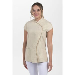 DYNEKE Tunique femme beige à manches courtes vague col mao