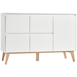 petitechambre.fr SWING - Grande commode blanche et hetre naturel pour chambre enfant ou bebe   hetre massif, MDF et panneau stratifie