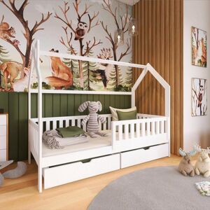 petitechambrefr Lit NATAN cabane pour enfant avec tiroir de rangement Blanc 90 cm x 190 cm Pin Massif