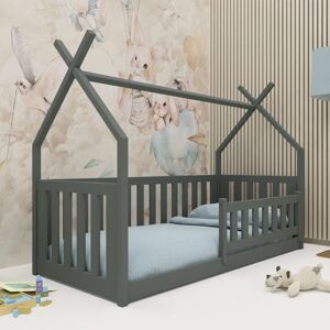 petitechambrefr Lit cabane BODZIO pour une chambre enfant mixte Graphite 90 cm x 190 cm Pin Massif