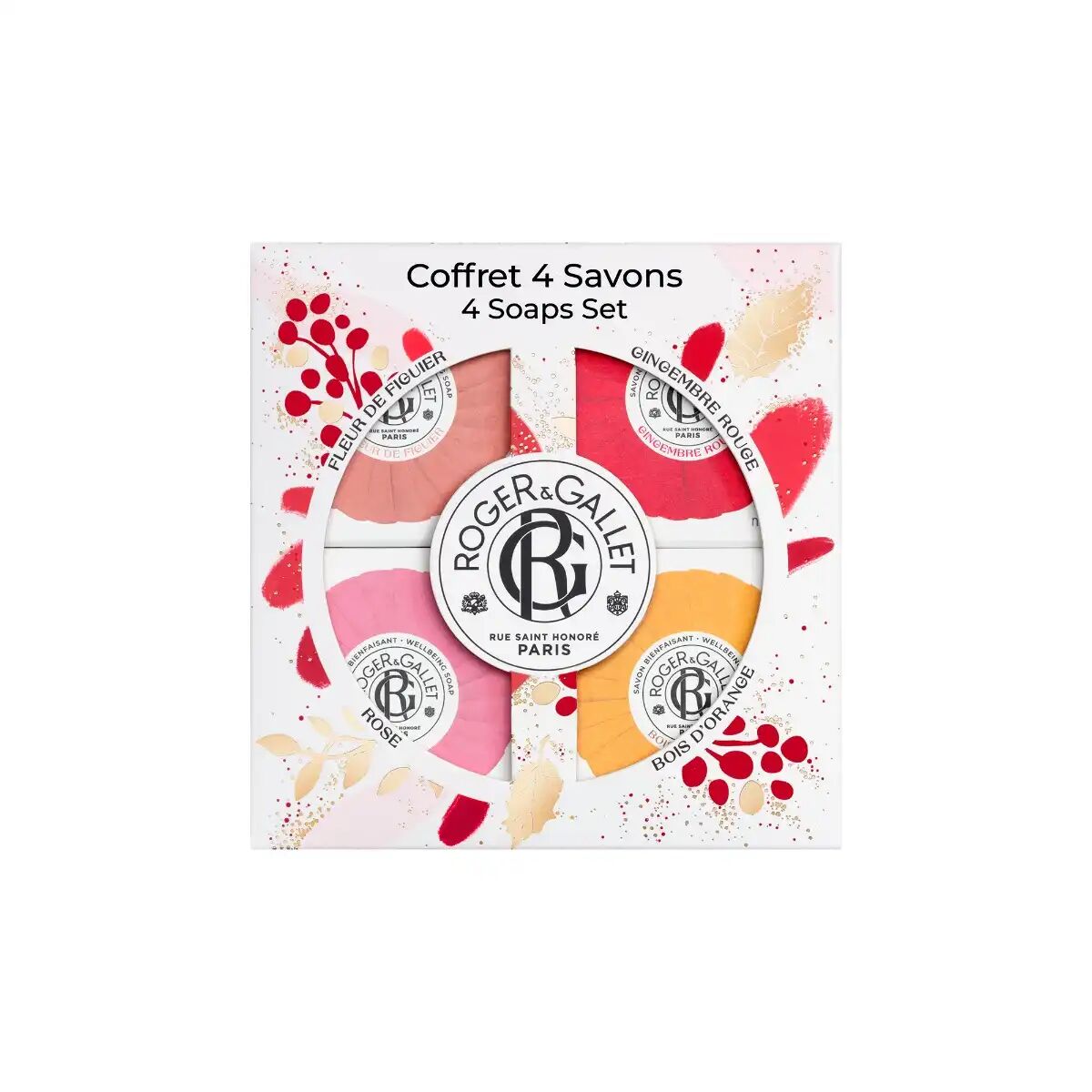 Roger & Gallet COFFRET - 4 Savons Bienfaisants - Fleur de Figuier 50g + Gingembre Rouge 50g + Rose 50g + Bois d'Orange 50g