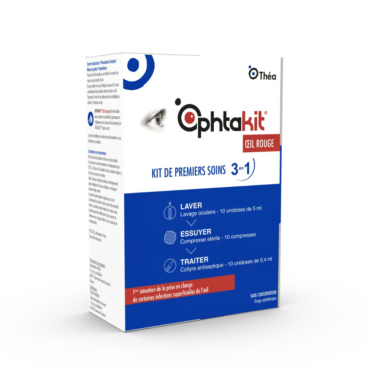Thea Pharma Ophtakit Oeil Rouge Kit de Premiers Soins 3 en 1, 10 Unidoses
