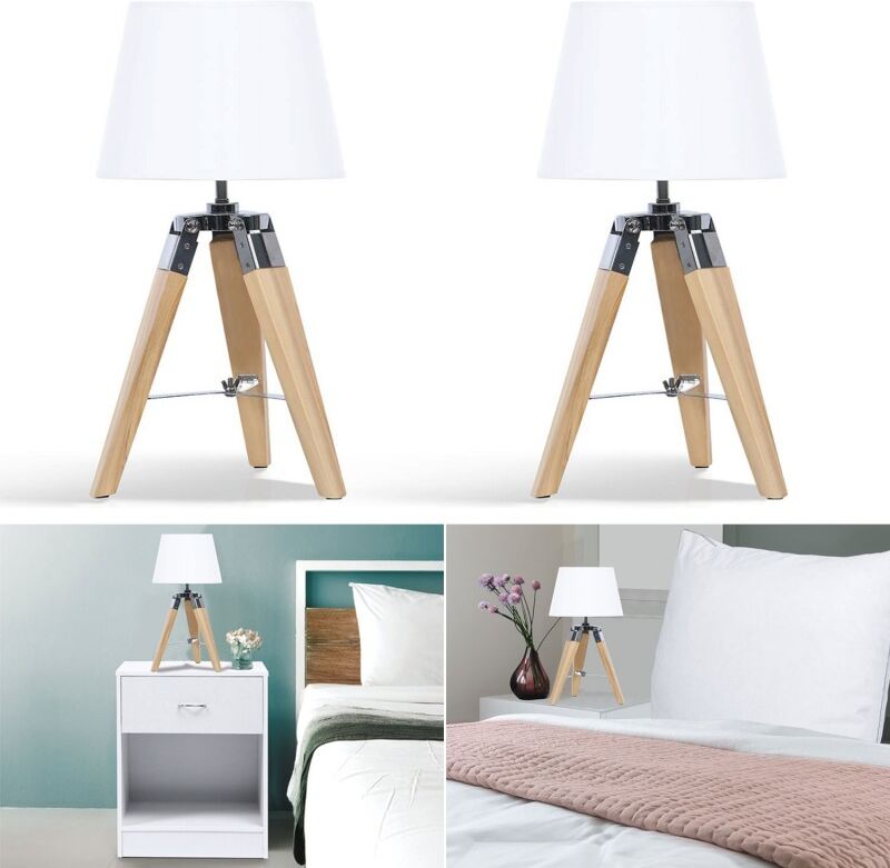 IDMarket Lot de 2 lampes de chevet trépied en bois clair blanches IDMarket Lot de 2 lampes de chevet trépied en bois clair blanches