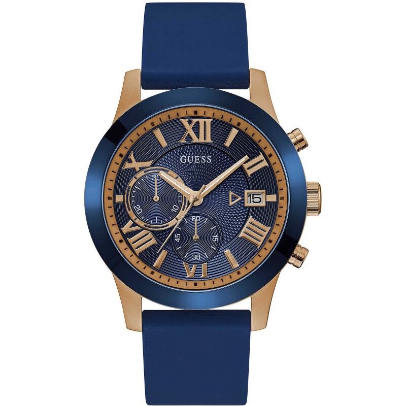 Guess Atlas Montre Homme Chrono Acier Doré Rose Silicone Bleu W1055G2 Guess Atlas Montre Homme Chrono Acier Doré Rose Silicone Bleu W1055G2