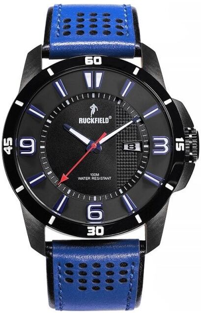 Ruckfield Montre Homme Acier PVD Noir Cuir Bleu 685083 Ruckfield Montre Homme Acier PVD Noir Cuir Bleu 685083