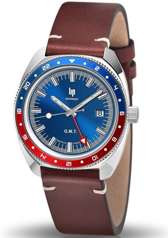 LIP Marinier 39 GMT Verre Saphir Acier Cuir Marron 671377 LIP Marinier 39 GMT Verre Saphir Acier Cuir Marron 671377