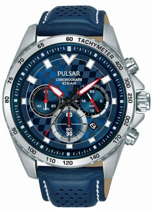 Pulsar Sport Montre Homme Chrono Acier Cuir Bleu PT3A61X1