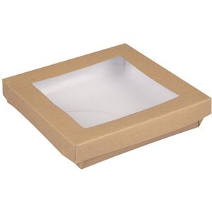 Boîte Carton Kraft Brun Couvercle + Fenetre 1500cc 185x185xH40 X100 + PE Firplast