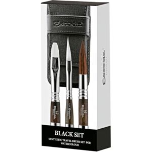 Escoda Set 3 Pinceaux Aquarelle Black Set Voyage N.16,1/4",12 Rond Epée Carré Fibres Synthetiques Série Versàtil Perla Brosses Professionnelles Fabriqués à la Main à Barcelone. Publicité Escoda Set 3 Pinceaux Aquarelle Black Set Voyage N.16,1/4",12 Rond Epée Carré Fibres Synthetiques Série Versàtil Perla Brosses Professionnelles Fabriqués à la Main à Barcelone. Publicité