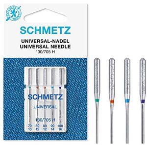 SCHMETZ Aiguilles pour machines à coudre   5 Aiguilles Universal   130/705 H   Grosseur d'aiguille: 1x 70/10, 2x 80/12, 1x 90/14 et 1x 100/16   utilisable sur toutes les machines à coudre familiales courantes - Publicité