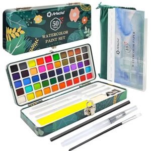 Artecho Aquarelle Set 50 couleurs dans une boîte portable, y compris 4 fluorescents, aquarelles avec papier aquarelle, pinceaux et autres outils de dessin - Publicité Artecho Aquarelle Set 50 couleurs dans une boîte portable, y compris 4 fluorescents, aquarelles avec papier aquarelle, pinceaux et autres outils de dessin - Publicité