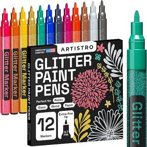 Artistro Feutres à Paillettes Pour Peinture sur Roche, Pierre, Céramique, Verre, Bois, Tissu, Scrapbooking, Bricolage, Cartes, Coloriage. Lot de 12 Marqueurs Acryliques à Pointe Extra-Fine 0,7 mm - Publicité Artistro Feutres à Paillettes Pour Peinture sur Roche, Pierre, Céramique, Verre, Bois, Tissu, Scrapbooking, Bricolage, Cartes, Coloriage. Lot de 12 Marqueurs Acryliques à Pointe Extra-Fine 0,7 mm - Publicité