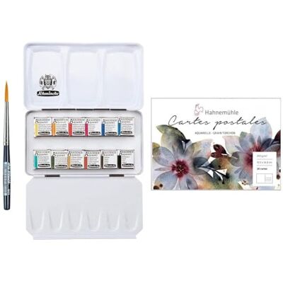Schmincke Academy Boîte de peinture aquarelle en métal, 12 x 1/2 godets + bloc de cartes postales aquarelle Hahnemühle 10,5 x 14,8 cm avec mini pinceau Da Vinci - Publicité Schmincke Academy Boîte de peinture aquarelle en métal, 12 x 1/2 godets + bloc de cartes postales aquarelle Hahnemühle 10,5 x 14,8 cm avec mini pinceau Da Vinci - Publicité