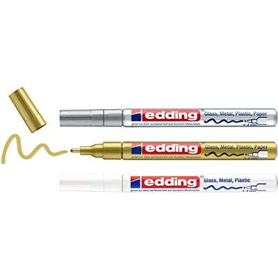 Edding 751 Marqueur peinture brillante blanc, or, argent (métallisé) 3 feutres peinture brillante pointe ronde 1-2mm pour dessin, coloriage, scrapbooking étanche, très opaque - Publicité Edding 751 Marqueur peinture brillante blanc, or, argent (métallisé) 3 feutres peinture brillante pointe ronde 1-2mm pour dessin, coloriage, scrapbooking étanche, très opaque - Publicité