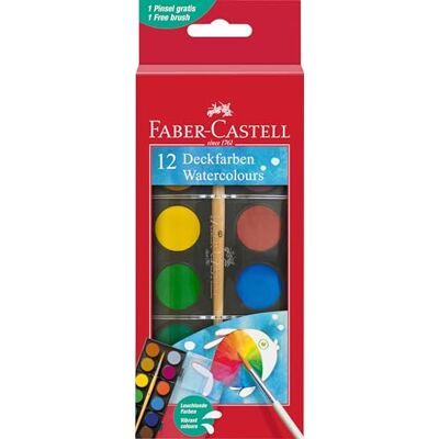 Faber-Castell Boîte d'aquarelles 12 couleurs avec pinceau Aquarelles opaques pour l'école et les loisirs, pinceau inclus - Publicité Faber-Castell Boîte d'aquarelles 12 couleurs avec pinceau Aquarelles opaques pour l'école et les loisirs, pinceau inclus - Publicité