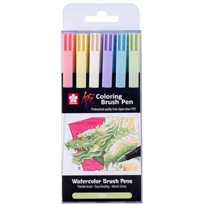 SAKURA Set de stylos pinceaux à colorier Koi 6 couleurs pastel Pointes flexibles Encre à base d'eau Parfait pour le croquis et le journal intime - Publicité SAKURA Set de stylos pinceaux à colorier Koi 6 couleurs pastel Pointes flexibles Encre à base d'eau Parfait pour le croquis et le journal intime - Publicité