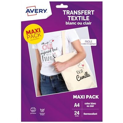 Papier de Transfert Coton A4 AVERY - Blanc ou Couleurs Claires - Résistant & Facile à Utiliser - Publicité Papier de Transfert Coton A4 AVERY - Blanc ou Couleurs Claires - Résistant & Facile à Utiliser - Publicité