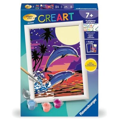 Ravensburger CreArt Kids 13x18 cm Numéro d'art Dauphins Joueurs dès 7 Ans Kit de Peinture par numéros avec Peinture phosphorescente 25746 - Publicité Ravensburger CreArt Kids 13x18 cm Numéro d'art Dauphins Joueurs dès 7 Ans Kit de Peinture par numéros avec Peinture phosphorescente 25746 - Publicité