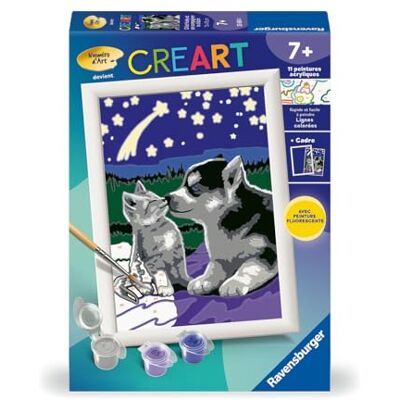 Ravensburger CreArt Kids 13x18 cm Numéro d'art Chiot Husky et Chaton Kit Peinture par numéros Peinture phosphorescente Dès 7 Ans 25659 - Publicité Ravensburger CreArt Kids 13x18 cm Numéro d'art Chiot Husky et Chaton Kit Peinture par numéros Peinture phosphorescente Dès 7 Ans 25659 - Publicité