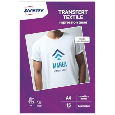 Avery Transferts personnalisables pour textile Blancs ou Clairs A4 15 feuilles impression jet encre pour créer des motifs sur tissus foncés vêtements accessoires avec application au fer à repasser - Publicité Avery Transferts personnalisables pour textile Blancs ou Clairs A4 15 feuilles impression jet encre pour créer des motifs sur tissus foncés vêtements accessoires avec application au fer à repasser - Publicité