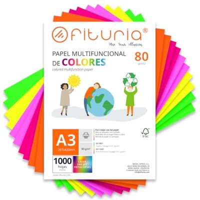 OFITURIA Papier Couleur A3 80g, 1000 Feuilles Loisirs Créatifs, Imprimante, Origami, Scrapbooking, École (Assortiment Fluo, 1000h) - Publicité OFITURIA Papier Couleur A3 80g, 1000 Feuilles Loisirs Créatifs, Imprimante, Origami, Scrapbooking, École (Assortiment Fluo, 1000h) - Publicité