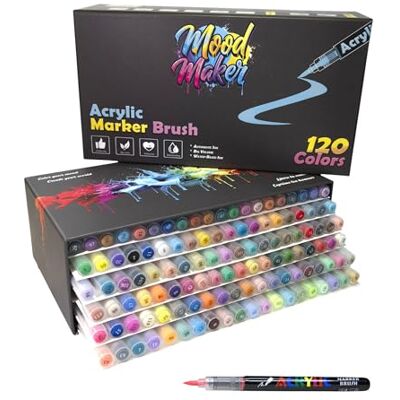 MOOD MAKER 120 Feutres Acrylique à Pointes Pinceaux, Marqueurs Acrylique pour Dessin et Coloriage Mystère, Calligraphie, sur Papier et Toile, Bois, Pierre, Textile, Métal, Verre et Céramique DIY - Publicité MOOD MAKER 120 Feutres Acrylique à Pointes Pinceaux, Marqueurs Acrylique pour Dessin et Coloriage Mystère, Calligraphie, sur Papier et Toile, Bois, Pierre, Textile, Métal, Verre et Céramique DIY - Publicité