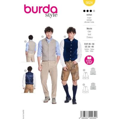 burdastyle Patron Burda Style n°5624 – Gilet Homme Tailles 46-56 Niveau de couture « moyen », feuille de découpe de papier - Publicité burdastyle Patron Burda Style n°5624 – Gilet Homme Tailles 46-56 Niveau de couture « moyen », feuille de découpe de papier - Publicité