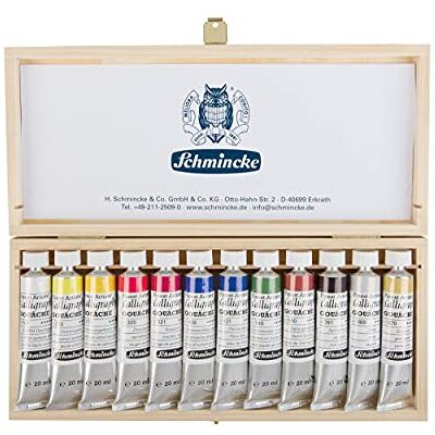 Schmincke Gouache pour calligraphie, Coffret en bois, 12 couleurs Gouache extra-fines, 72 028 097, 12 x tubes en 20 ml, brillantes y compris l'or perlé et l'argent, techniques de calligraphie - Publicité Schmincke Gouache pour calligraphie, Coffret en bois, 12 couleurs Gouache extra-fines, 72 028 097, 12 x tubes en 20 ml, brillantes y compris l'or perlé et l'argent, techniques de calligraphie - Publicité