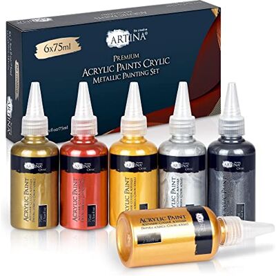 Artina Metallic kit peinture acrylique métallisée séchage rapide pour toile 6x75ml or argent bronze cuivre scintillant forte pigmentation pour peindre Couleurs Acryliques Métallisées pinceau set Crylic - Publicité Artina Metallic kit peinture acrylique métallisée séchage rapide pour toile 6x75ml or argent bronze cuivre scintillant forte pigmentation pour peindre Couleurs Acryliques Métallisées pinceau set Crylic - Publicité
