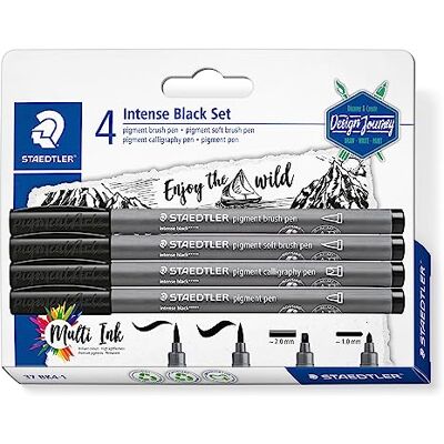Staedtler Pigment Art brush 37 Blister 4 feutres noirs pointe pinceau, pointe pinceau soft, pointe calligraphie et pointe ogive 37 BK4-1 - Publicité Staedtler Pigment Art brush 37 Blister 4 feutres noirs pointe pinceau, pointe pinceau soft, pointe calligraphie et pointe ogive 37 BK4-1 - Publicité
