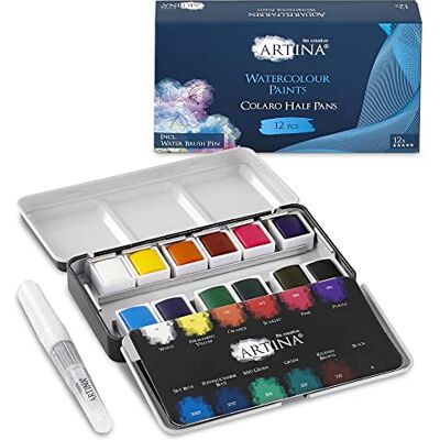 Artina palette peinture boite peinture aquarelle avec pinceau à réservoir métallique 12 couleurs aquarelles eau métal voyage artiste Colaro - Publicité Artina palette peinture boite peinture aquarelle avec pinceau à réservoir métallique 12 couleurs aquarelles eau métal voyage artiste Colaro - Publicité