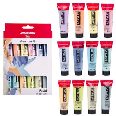 Amsterdam Set de peinture acrylique 12 x 20ml Couleurs pastel douces – Forte puissance colorante, viscosité uniforme, emballage écologique – Pour artistes, amateurs, étudiants - Publicité Amsterdam Set de peinture acrylique 12 x 20ml Couleurs pastel douces – Forte puissance colorante, viscosité uniforme, emballage écologique – Pour artistes, amateurs, étudiants - Publicité